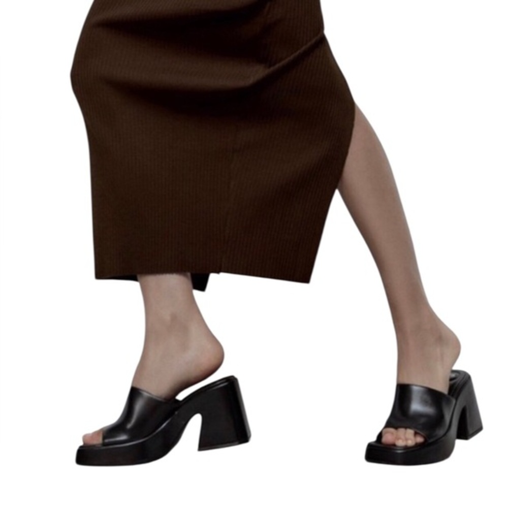 Zara Black Leather Chunky Heel Squared Toe Versatile Slip On Platform Shoes‎ 42